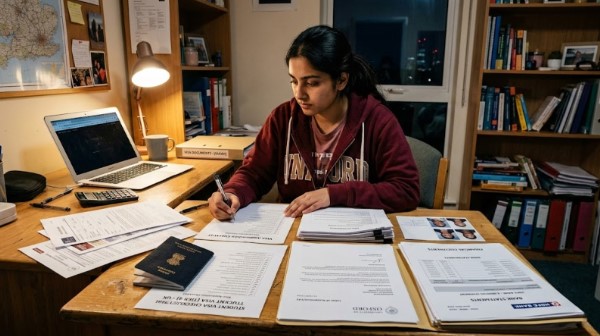 Student preparing student visa application documents for studying abroad