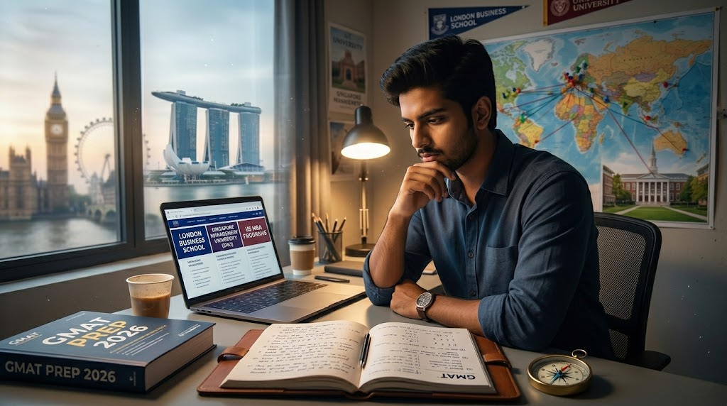 Indian student planning MBA abroad vs IIM decision with GMAT prep and global university options in 2026