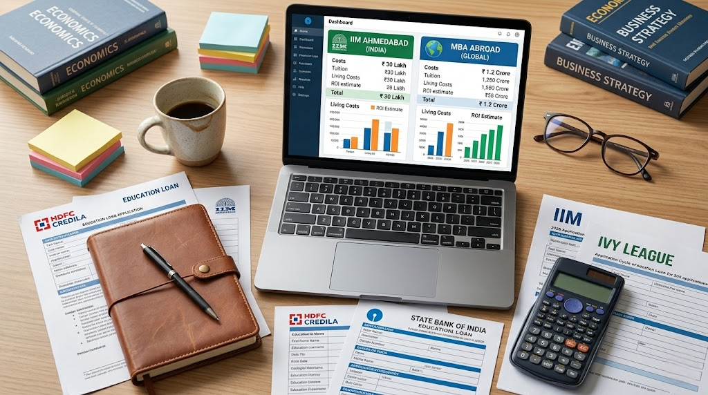 MBA abroad vs IIM fees comparison with education loan documents and cost breakdown for 2026 MBA aspirants