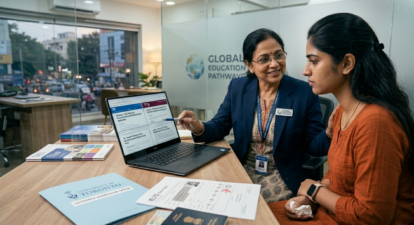 An Indian woman in a navy blazer points to a laptop screen displaying educational documents on a desk with a University of Toronto brochure and an IELTS folder.