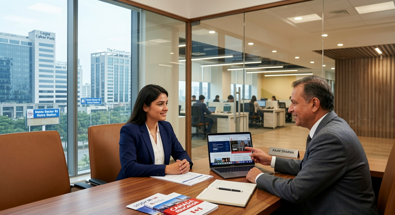 A professional consultant in a blue blazer sitting at a modern desk in Sector 62, Noida, with a view of Logix Cyber Park and The Corenthum buildings through the window.