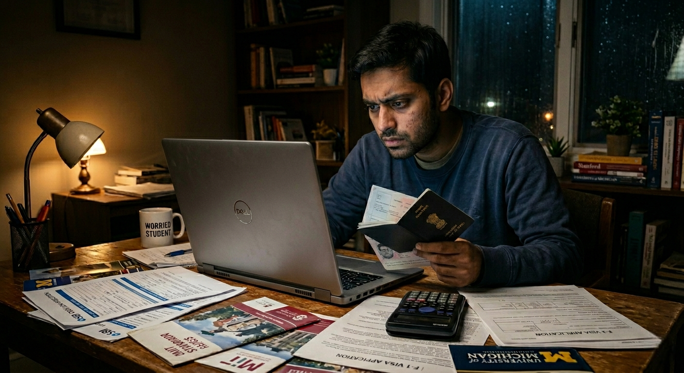  A man sits at a cluttered desk at night, looking stressed as he stares at a laptop screen surrounded by papers, a lamp, and a mug that says "Worried Student.