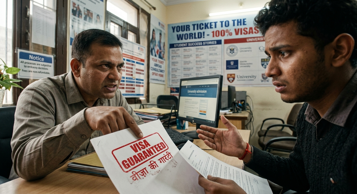  A man at a desk looking intensely at a "Visa Guaranteed" sign held by another person, illustrating a deceptive study abroad consultancy tactic.