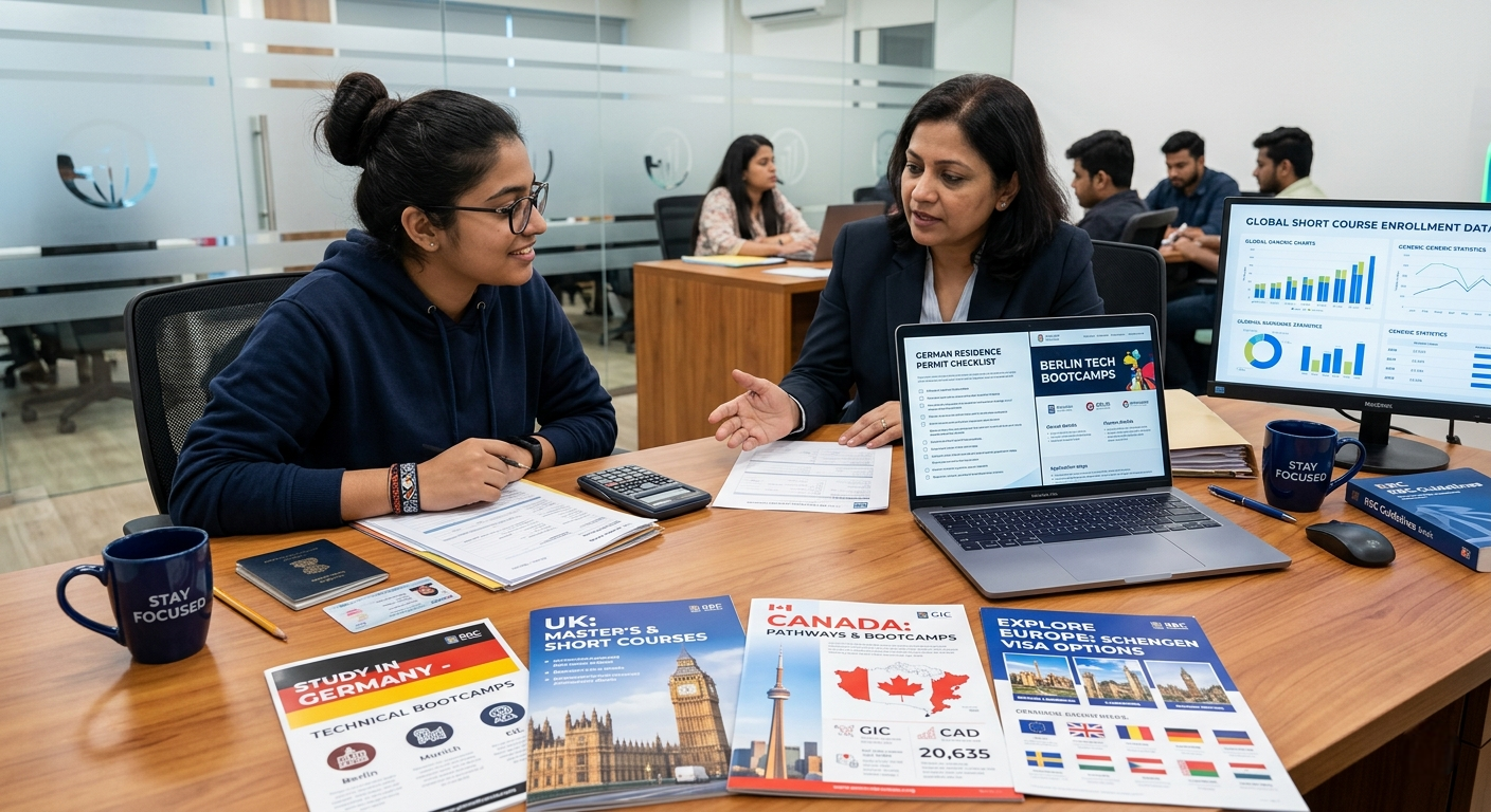 Indian student discussing micro credential abroad programs and short course visa options with a study abroad consultant.
