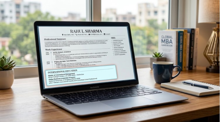 Laptop displaying a resume on a desk with coffee, books, and a window view.