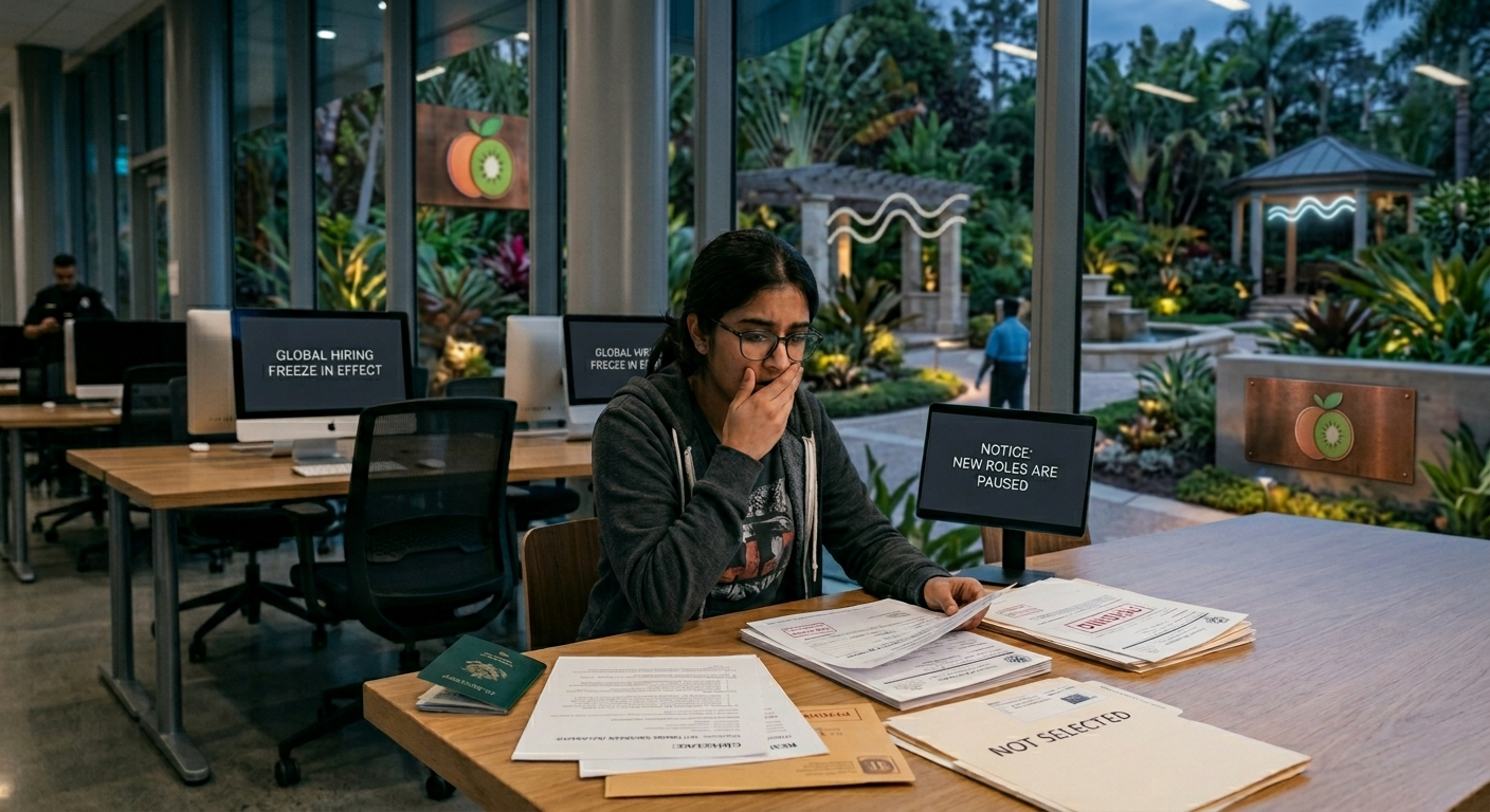  A student sitting at a desk in a modern office or university setting looking distressed while reviewing paperwork, with a computer monitor in the background displaying a "Global Hiring Freeze" notice.