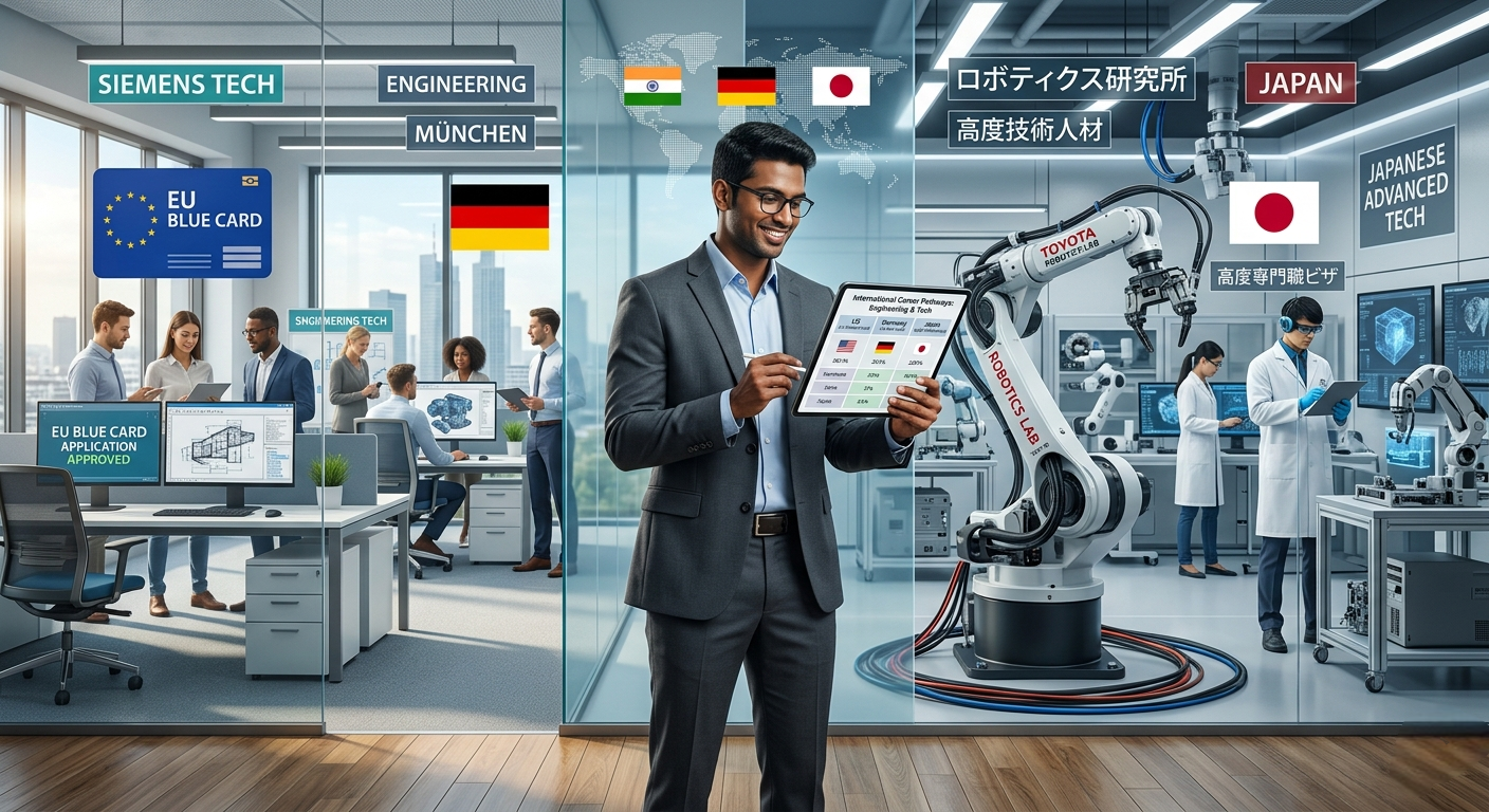 A professional Indian male engineer standing in a modern office, holding a tablet displaying an EU Blue Card approval, with background visuals illustrating career opportunities in Germany and the European Union.