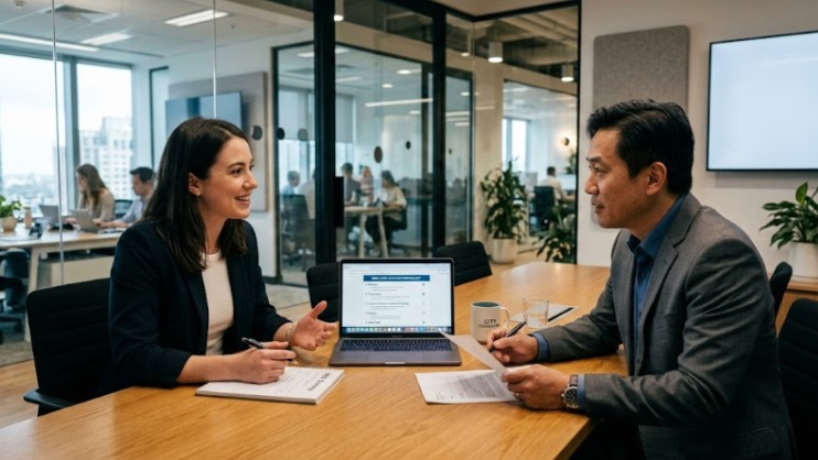 MBA applicant discussing letter of recommendation with manager before study abroad application