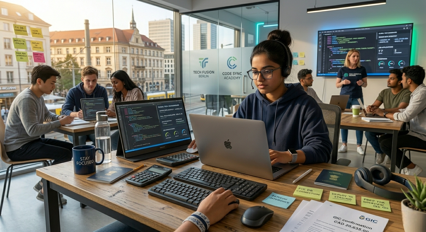 Indian student attending a coding bootcamp abroad in Europe while learning software development and remote work skills