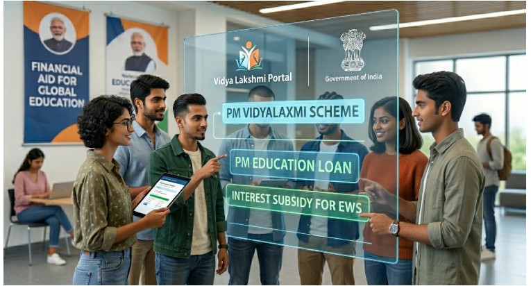 Students using 'Vidya Lakshmi Portal' transparent digital screen in a modern study lounge.