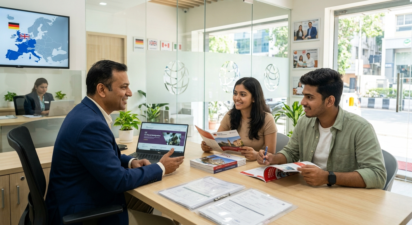 A smiling professional consultant in a suit sits at a desk with a laptop, engaging with a young woman student holding a brochure in a modern, well-lit study abroad office.
