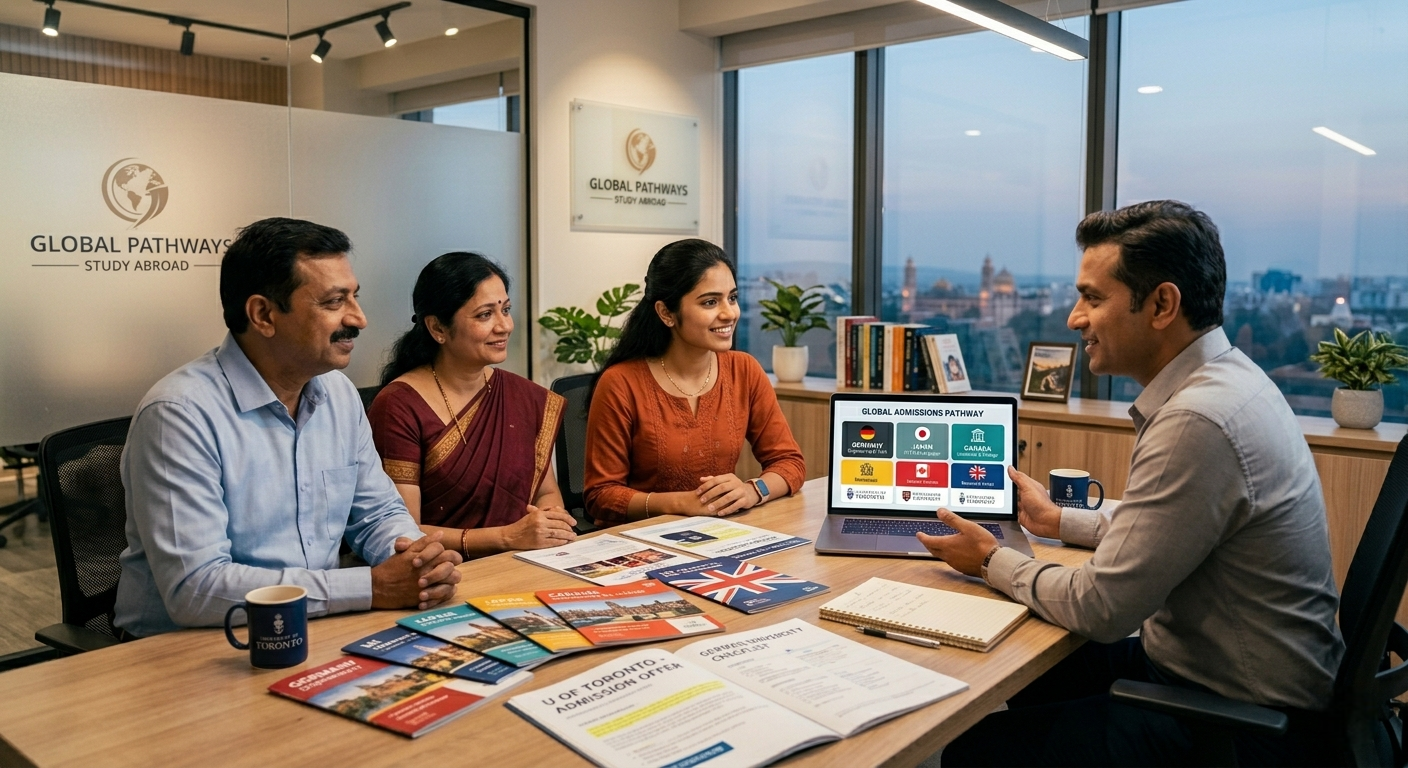 An Indian female student sitting with her parents at a desk while consulting with a study abroad professional in a modern office setting.