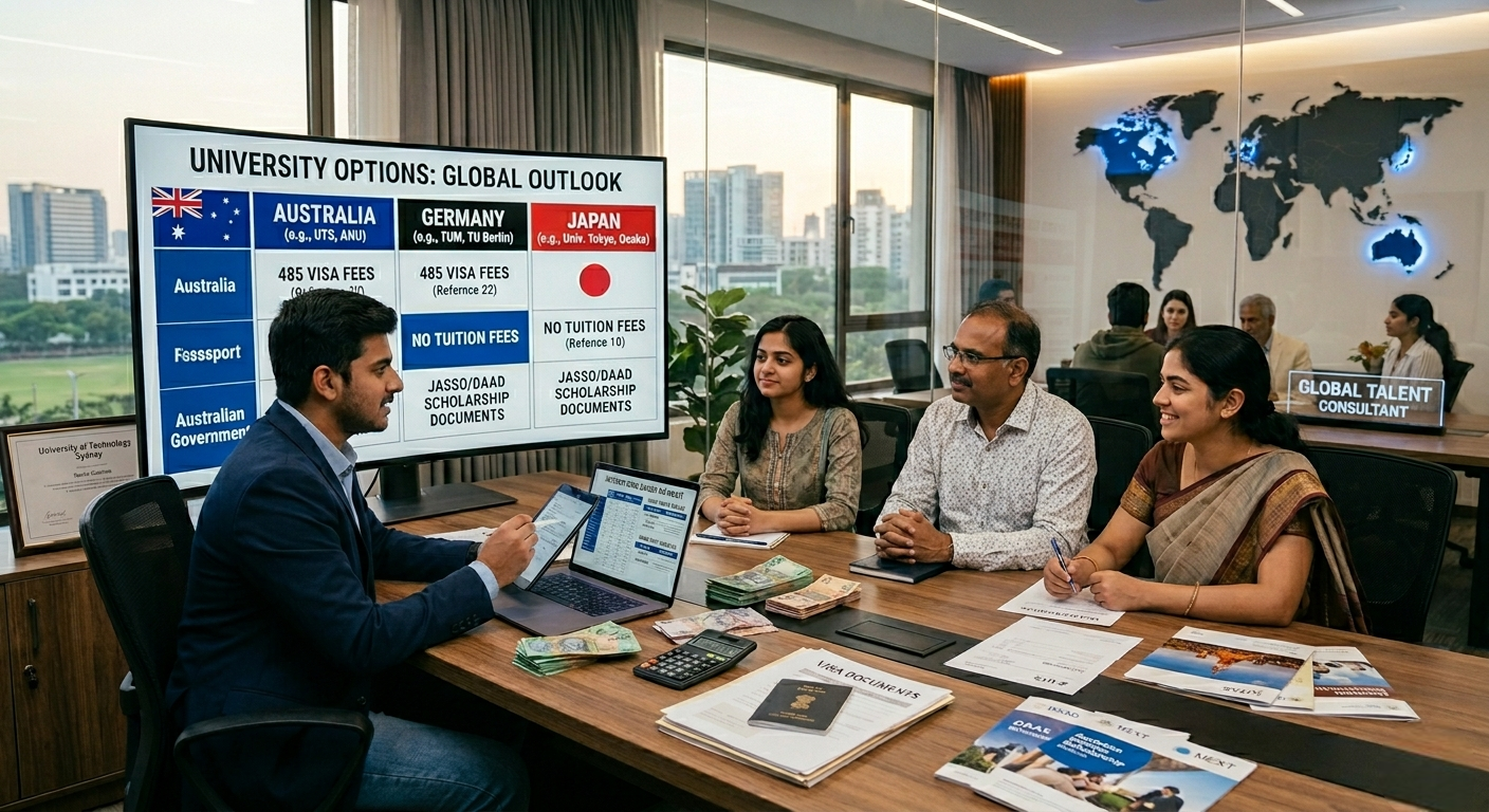 A male advisor at a desk presenting a "University Options: Global Outlook" screen to a female student, comparing visa fees and tuition for Australia, Germany, and Japan.