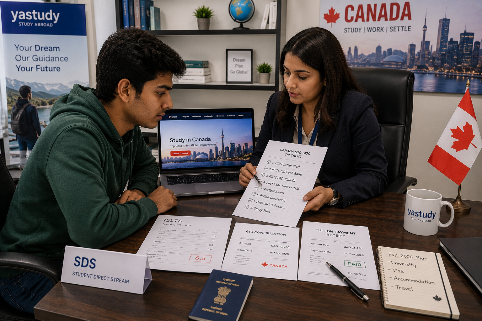Indian student preparing Canada SDS student visa application with education consultant for 2026 intake