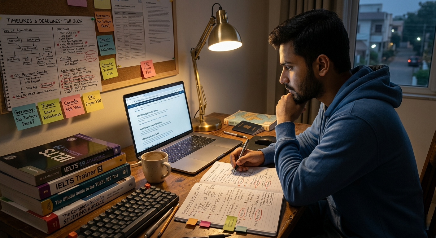 A desk with a laptop, open notebook, and a stack of books titled "IELTS," next to a bulletin board with "Timelines & Deadlines Fall 2026" and sticky notes about study abroad programs in Germany, Japan, Canada, and the UK.