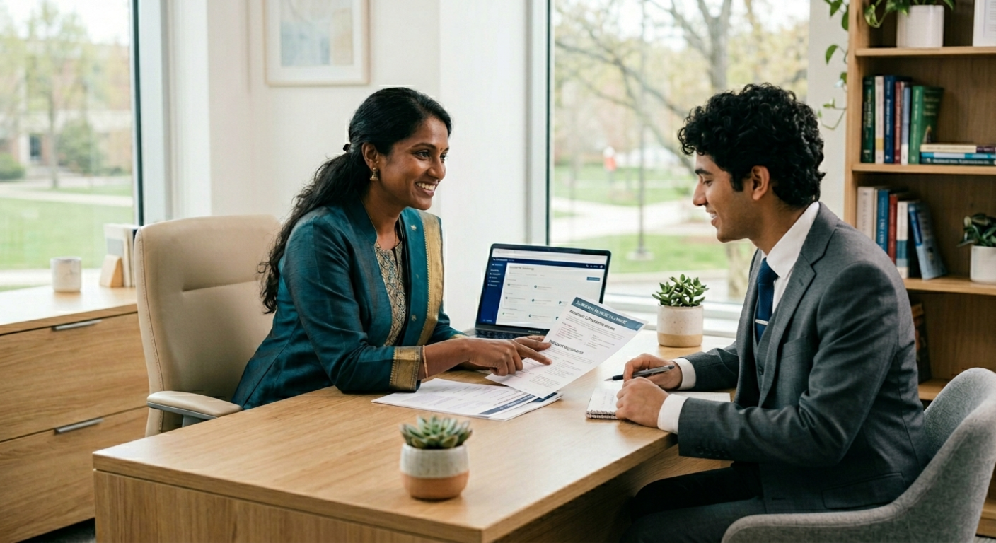  A female study abroad consultant in a teal traditional outfit smiling while reviewing documents with a student in a bright, modern Noida office.