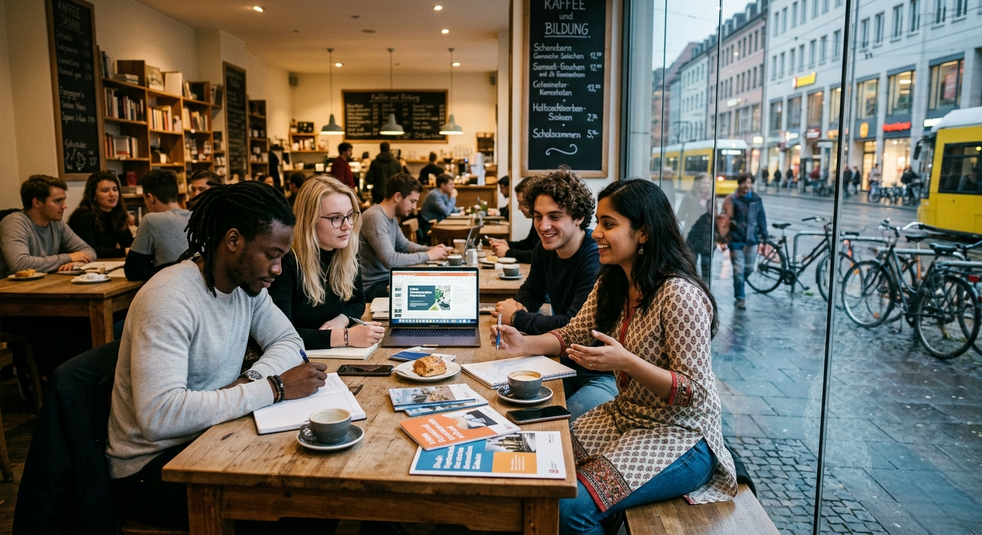 A diverse group of university students studying and collaborating at a long wooden table in a cozy, modern cafe or library setting with bookshelves in the background.