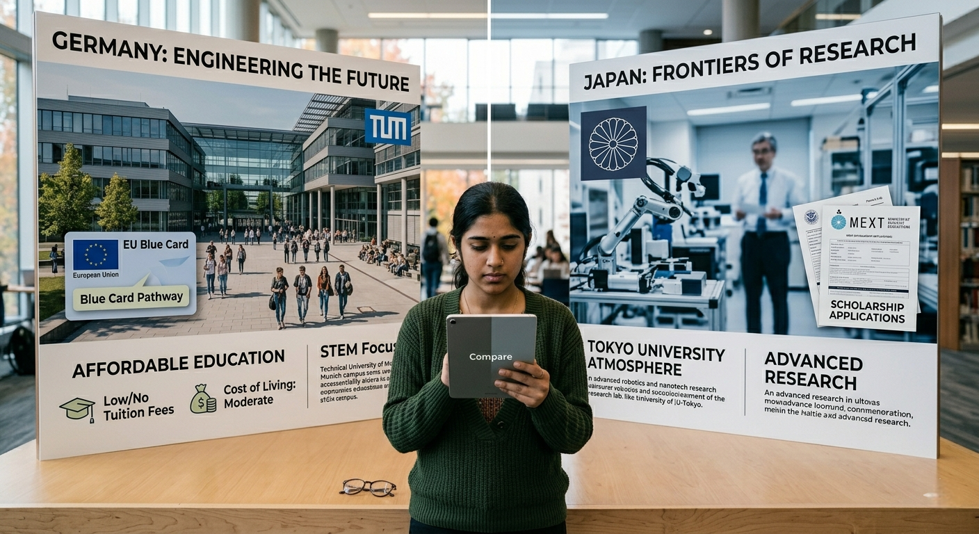  A woman stands in front of a presentation board promoting "Germany: Engineering the Future," which highlights affordable education and the EU Blue Card pathway, while she holds a tablet to compare international study options.