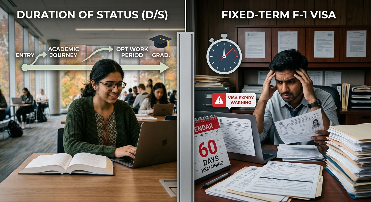 An infographic titled "Duration of Status (D/S)" showing a student's academic journey from entry to graduation and OPT work period, contrasted with a "Fixed-Term" visa warning showing a 60-day remaining calendar and a ticking clock.