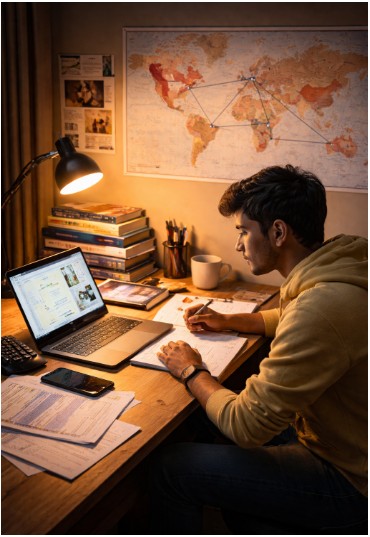 Student in Noida preparing for study abroad exams with laptop, IELTS books and world map planning
