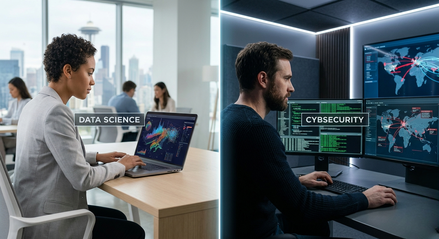 Conceptual visualisation of Data Science visualisation and Cybersecurity coding career paths for ROI comparison.