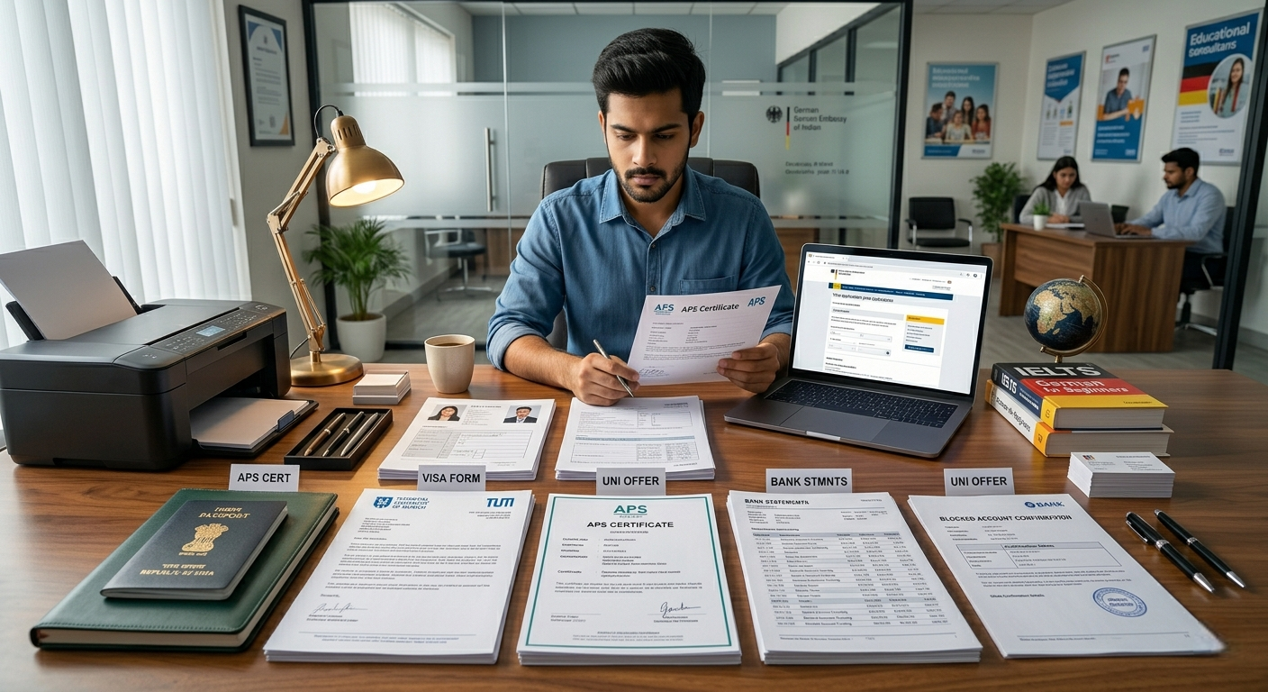 A man sits at a desk organized with international travel documents, including a passport, visa forms, and bank statements, while holding an admission offer.
