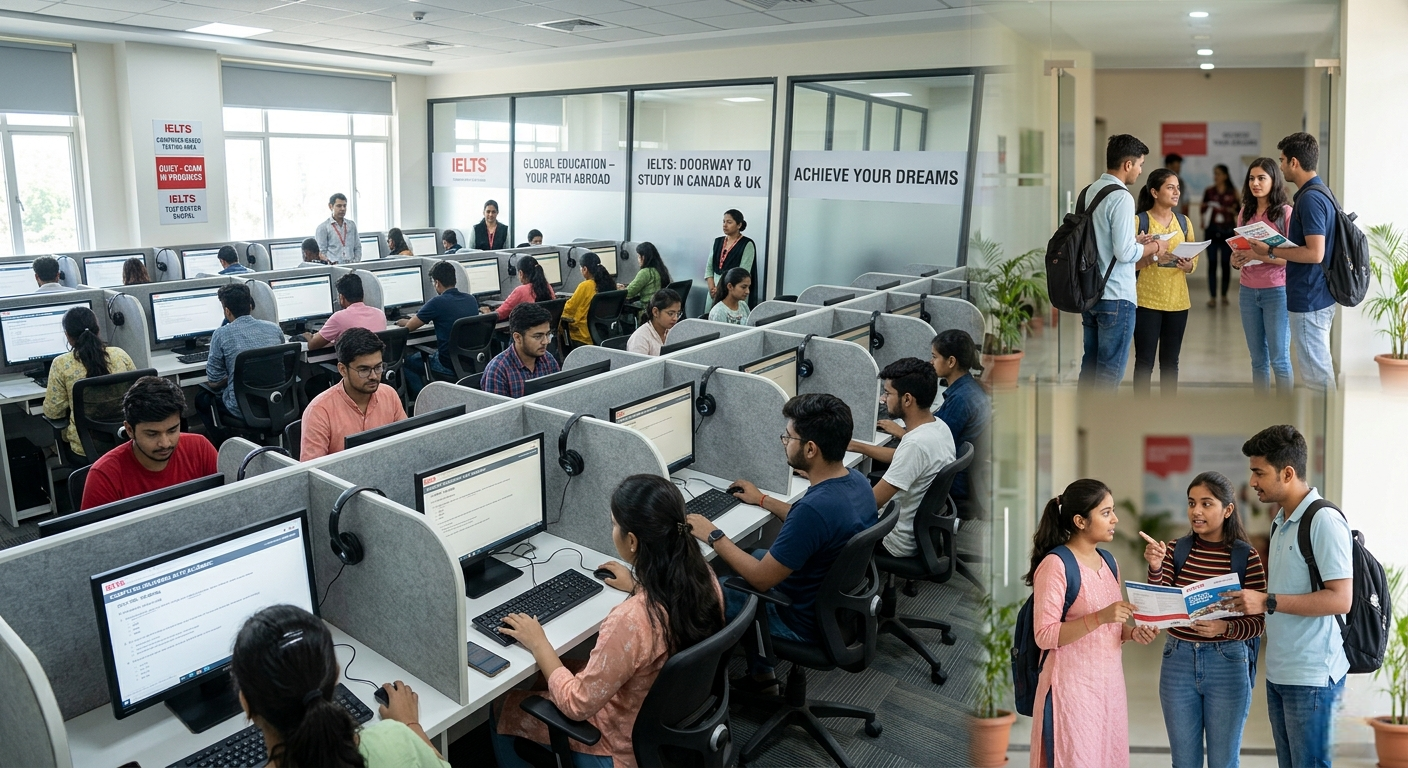 A busy indoor computer testing center filled with rows of students seated at individual workstations, with IELTS promotional banners visible on the walls.
