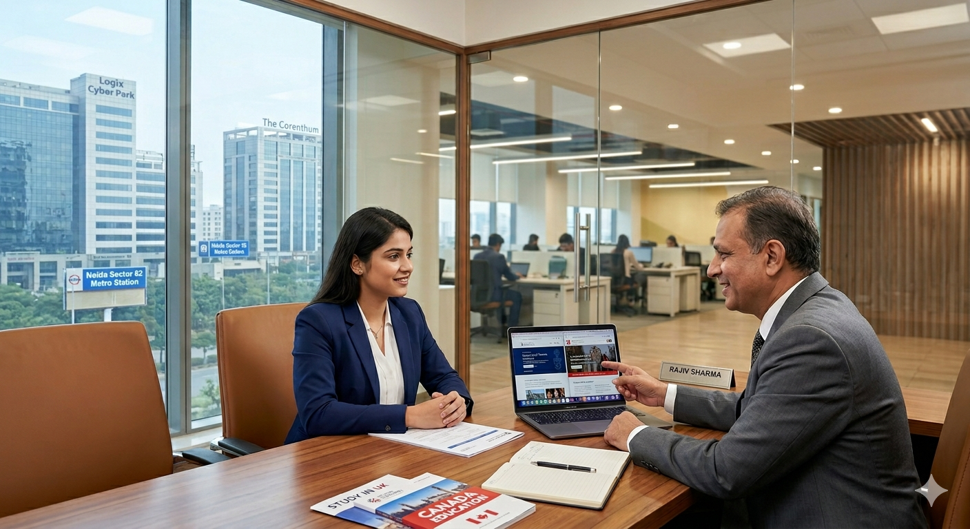 A professional consultant in a blue blazer sitting at a modern desk in Sector 62, Noida, with a view of Logix Cyber Park and The Corenthum buildings through the window.