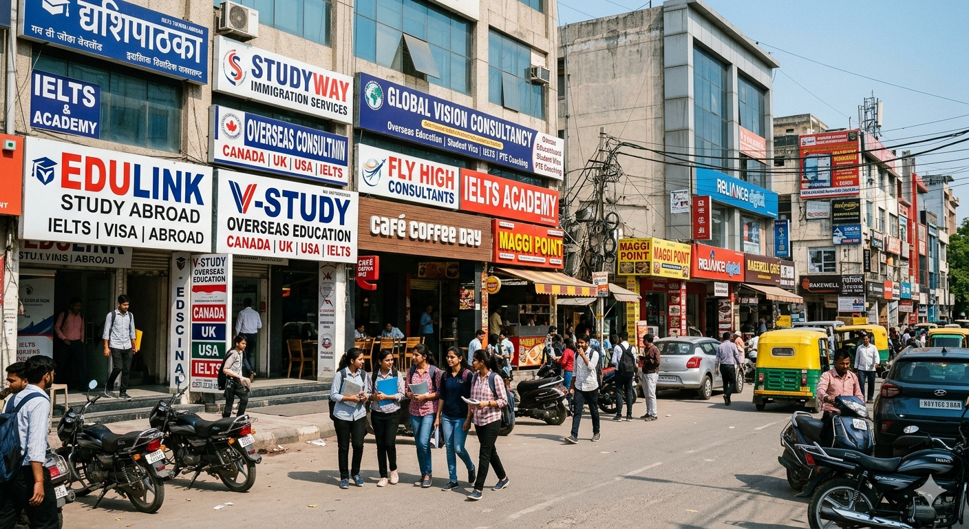 A street view of multiple study abroad and immigration consultancy offices in Noida Sector 18, featuring prominent signs for Edulink, V-Study, and Studyway, with students walking by in the foreground.