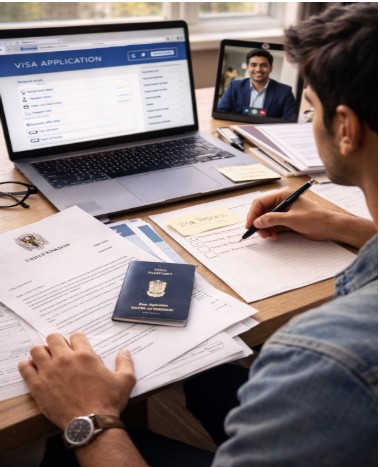 Study abroad visa process documents including passport, offer letter and online application for UK Canada Germany