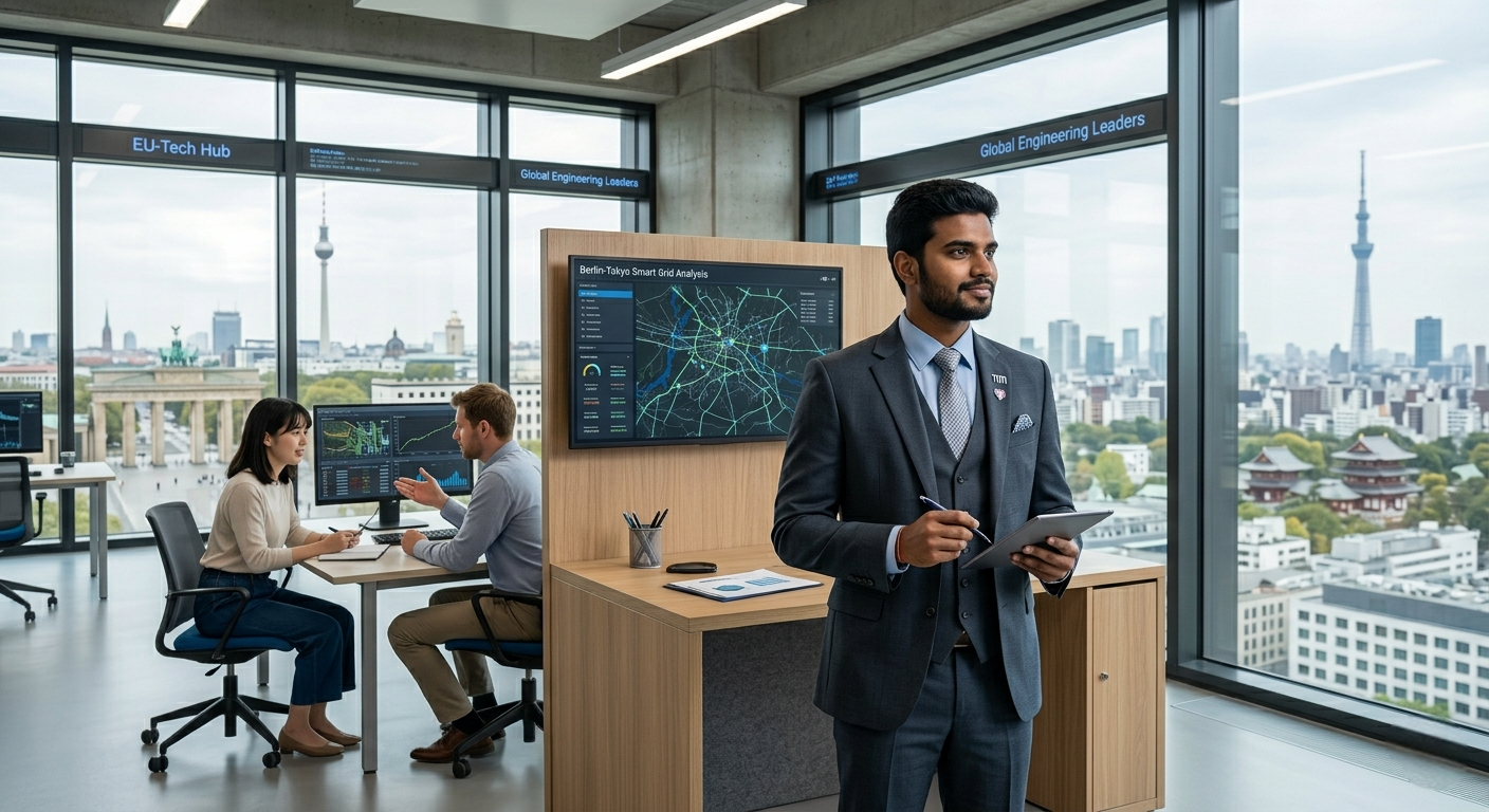 A professional man in a suit standing in a modern office, with two colleagues discussing work at a desk in the background.