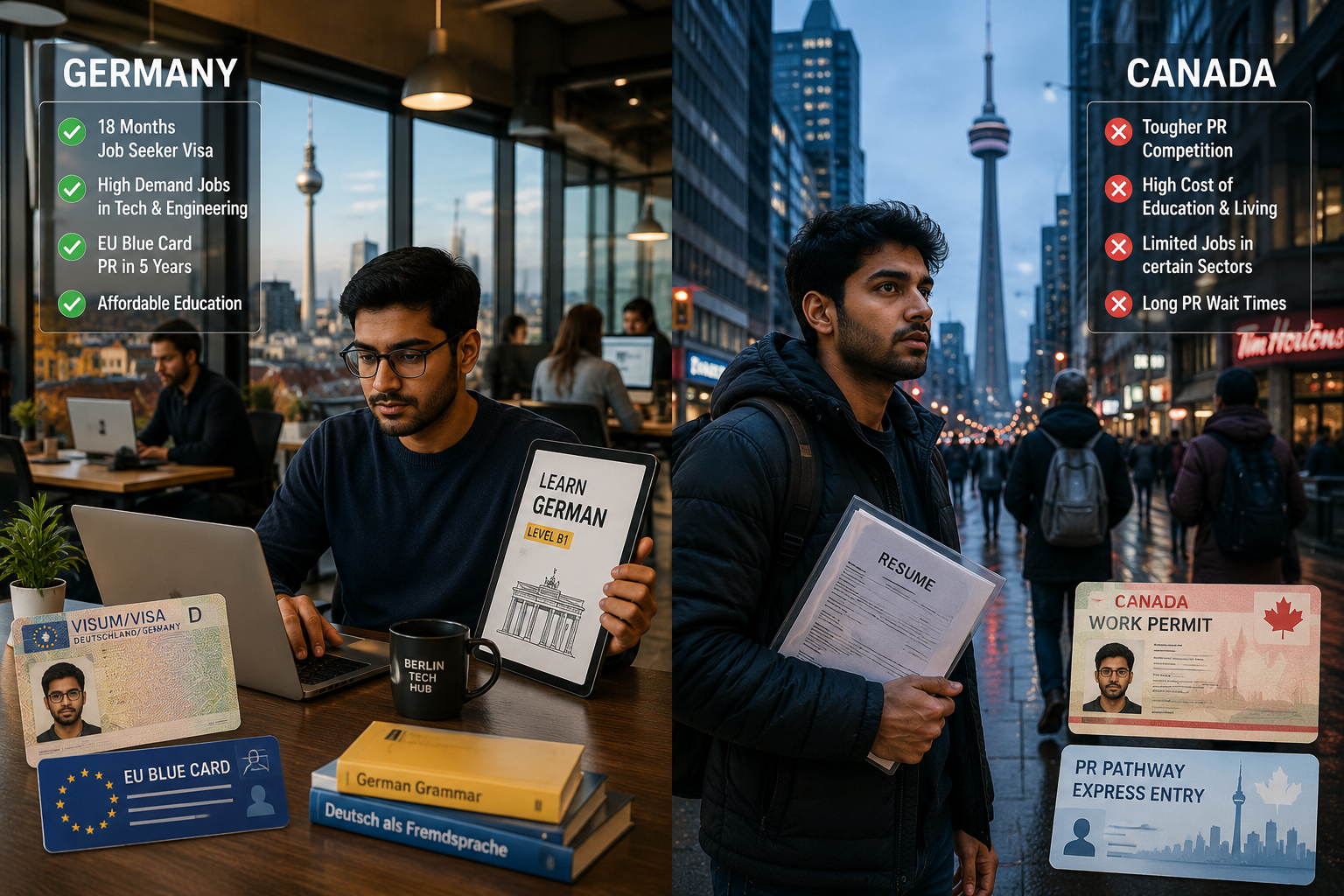 Indian graduates exploring job opportunities, work visas, and PR pathways in Germany and Canada.