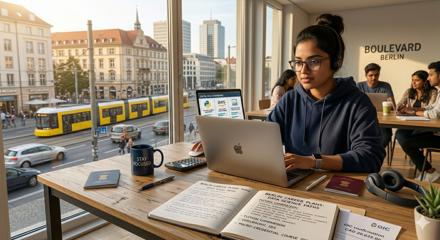 Indian student attending a coding bootcamp abroad in Europe while learning software development and remote work skills