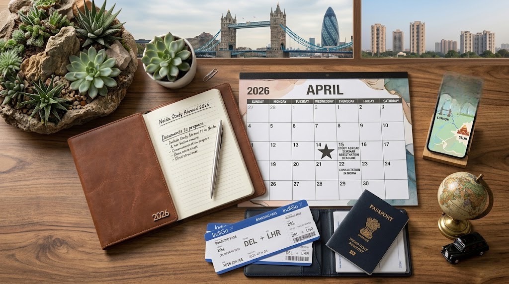 A flat lay of a 2026 April calendar, an open notebook with a "Study Abroad" checklist, a small succulent, and IndiGo flight boarding passes for a trip from Delhi to London.
