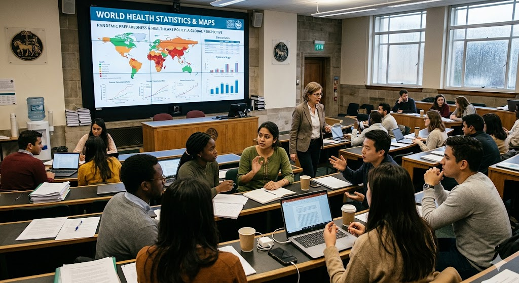 International students studying global health and public health policy at a university abroad