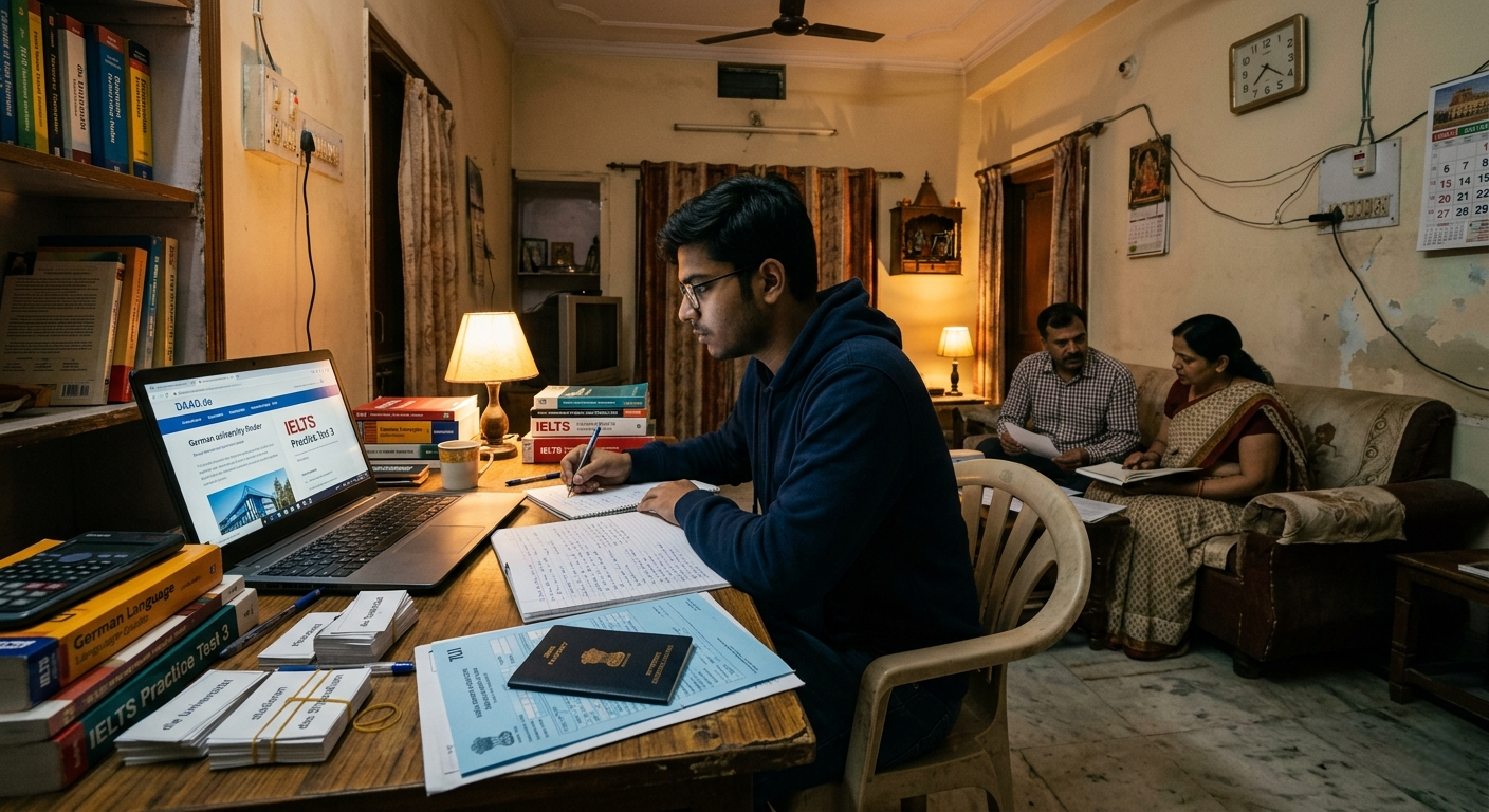 A student sits at a desk in a dimly lit room, focused on writing in a notebook while surrounded by study materials, a laptop displaying "IELTS" and university information, and several "IELTS Practice Test" books.