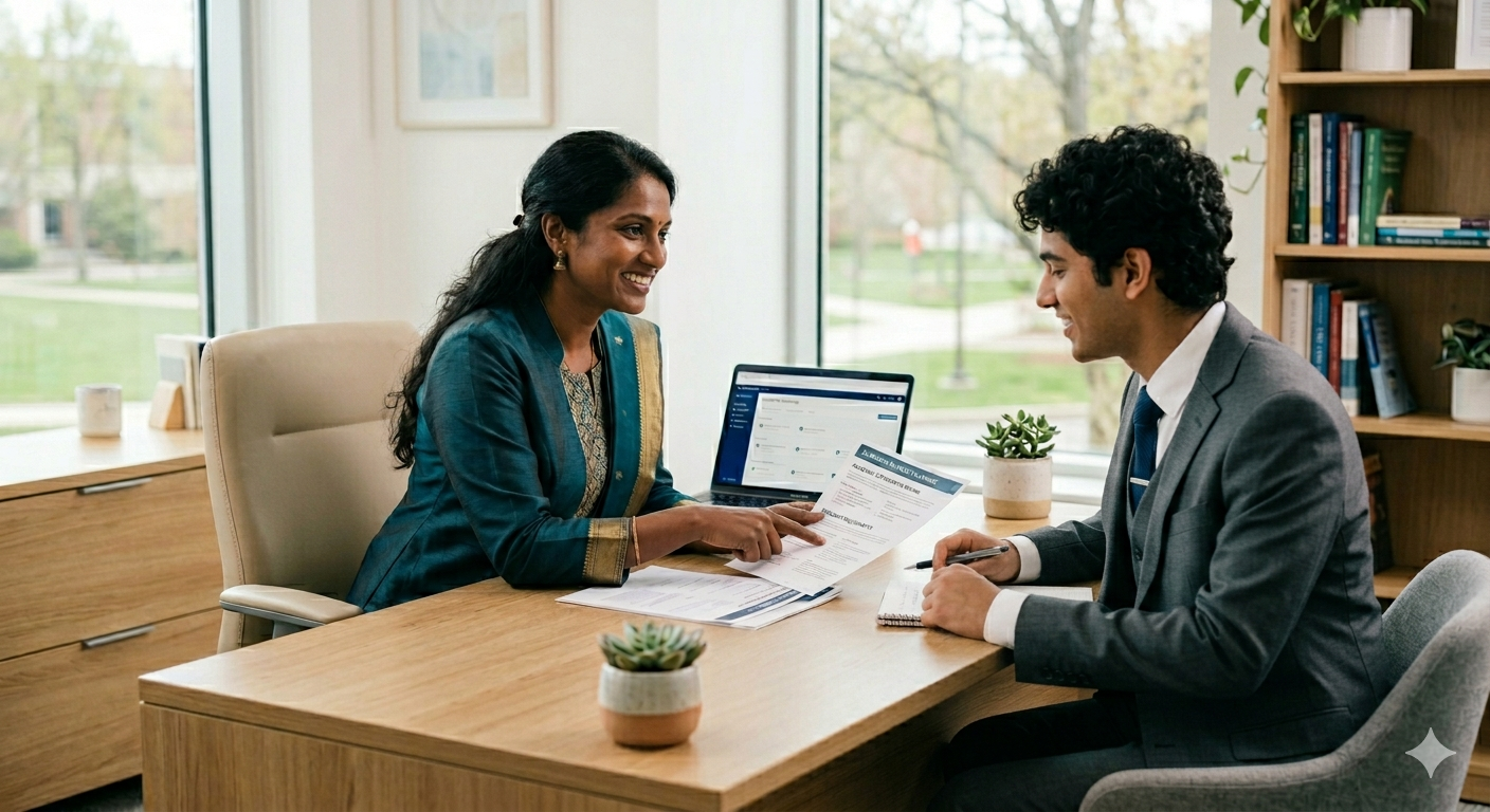 A female study abroad consultant in a teal traditional outfit smiling while reviewing documents with a student in a bright, modern Noida office.