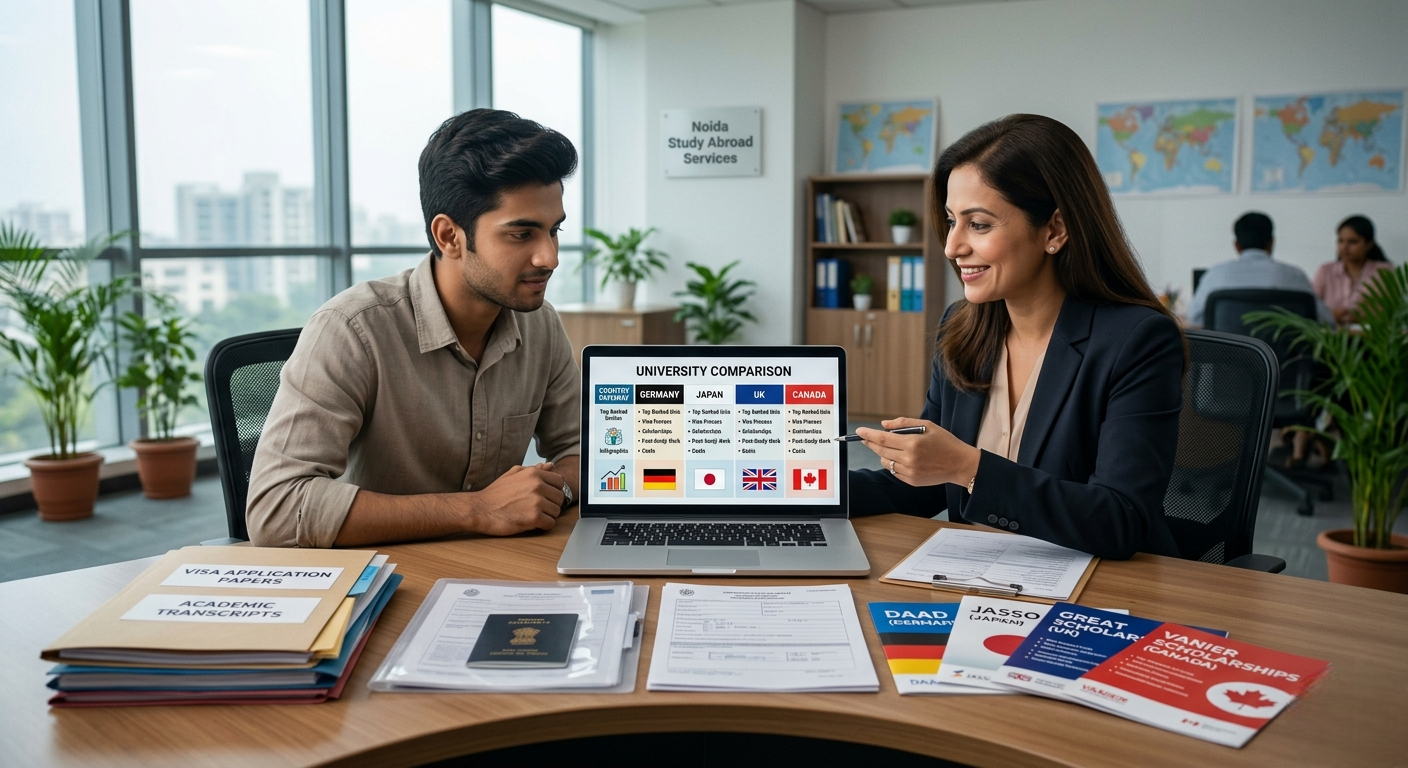 A professional female counselor and a male student discussing study abroad options, with the counselor pointing at a laptop screen showing a "University Comparison" chart of Germany, Japan, UK, and Canada.