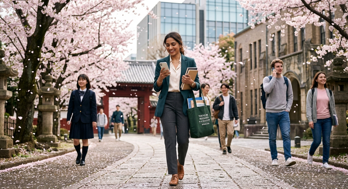 A smiling Indian woman in professional attire walks along a stone path lined with blooming cherry blossoms, holding a phone and notebooks while other students walk in the background.